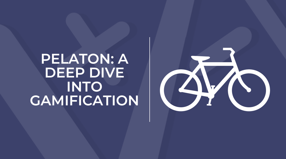 The image features a dark blue background with white text on the left that reads "Peloton: A Deep Dive into Gamification," and on the right, there is an icon of a bicycle. Gamification For Performance and Motivation.