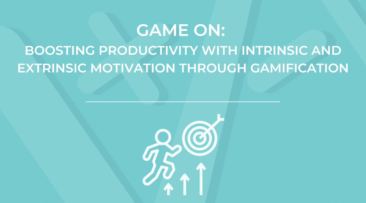 The image has a light teal background with bold white text that reads "Game On: Boosting Productivity with Intrinsic and Extrinsic Motivation Through Gamification," followed by a line and icons of a person running towards a target with arrows pointing upward.