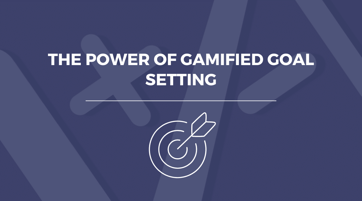 The image features a purple background with the bold white text "THE POWER OF GAMIFIED GOAL SETTING" above a white icon of a bullseye target with an arrow.